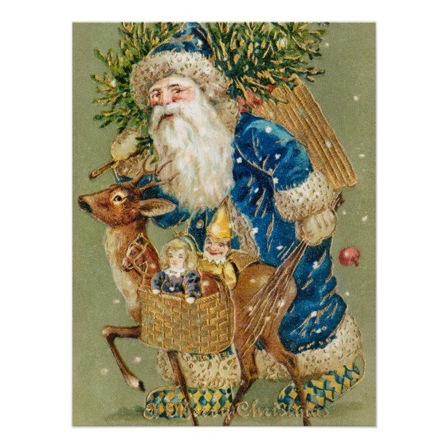 Merry Christmas, Antique Card, Santa and Reindeer Poster (Front)