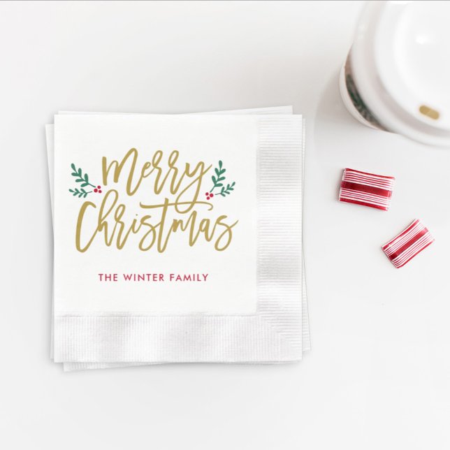 Merry Christmas Antique Gold Modern Script Holiday Napkin (Creator Uploaded)