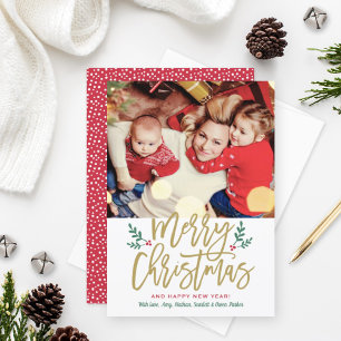 Merry Christmas   Antique Gold Script Photo Holiday Card