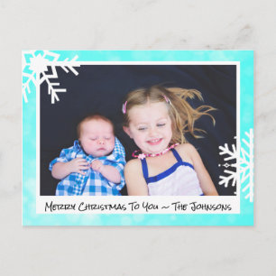 Merry Christmas Aqua Snowflakes Family Photo Card