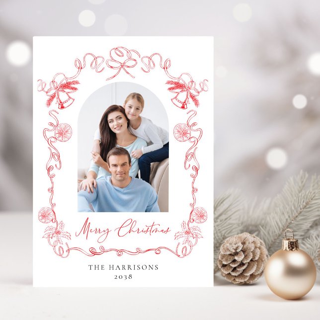 Merry Christmas Arch Photo Hand Drawn Red Frame Holiday Card (Creator Uploaded)