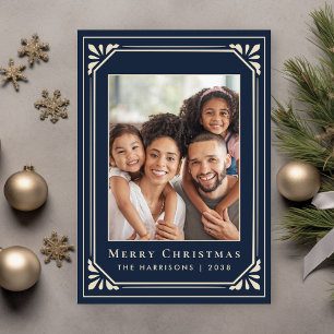 Merry Christmas Art Deco Blue Ivory Photo Holiday Card