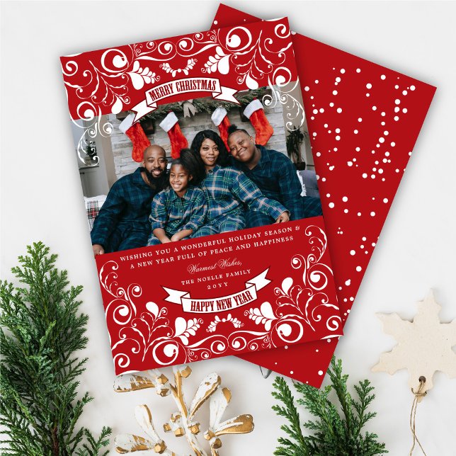 Merry Christmas Art Nouveau Floral Flourish Photo Holiday Card (Creator Uploaded)