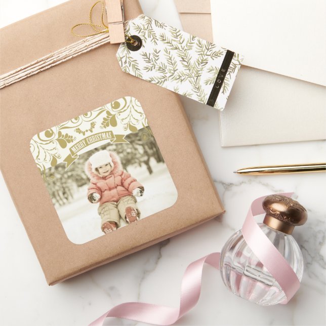 Merry Christmas Art Nouveau Floral Flourish Photo Square Sticker (Gifting)