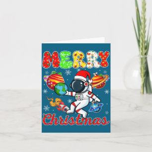 Merry Christmas Astronaut Santa Hat Snowflakes Tre Card