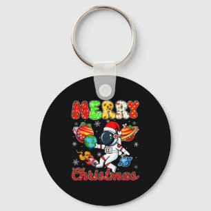 Merry Christmas Astronaut Santa Hat Snowflakes Tre Key Ring