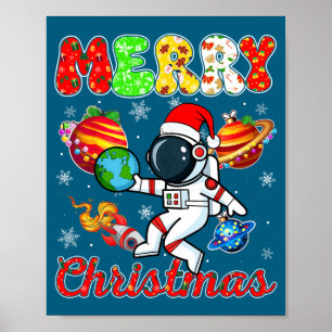 Merry Christmas Astronaut Santa Hat Snowflakes Tre Poster