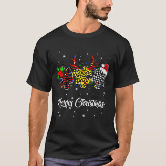 Merry Christmas Autism Puzzle Leopard With Santa H T-Shirt