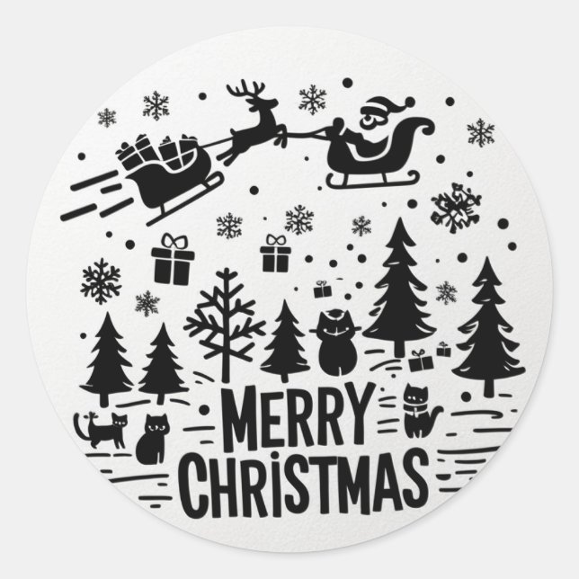 MERRY CHRISTMAS b&w clip art Classic Round Sticker (Front)