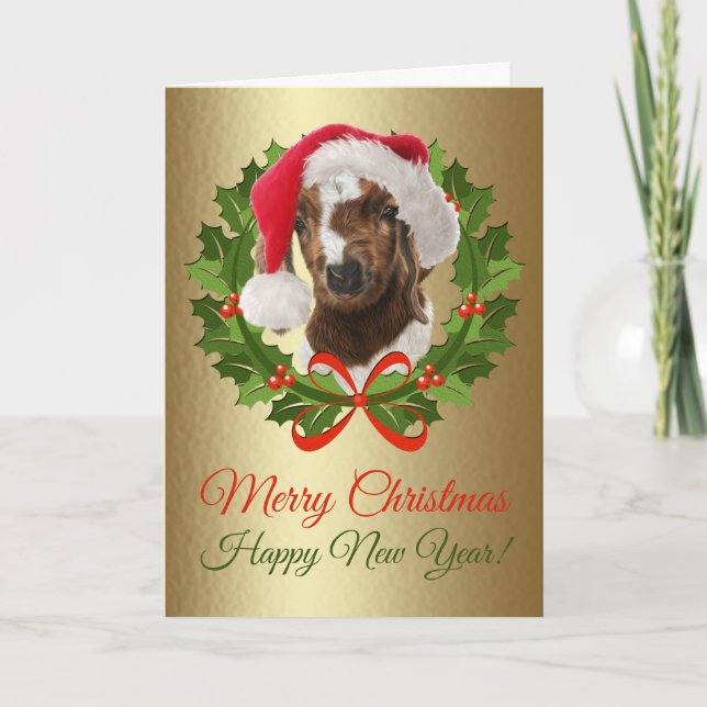 Merry Christmas Baby Boer Goat Oil Painting Holiday Card (Front)