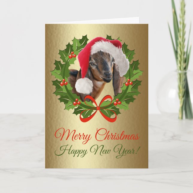 Merry Christmas Baby Nubian Goat Oil Painting Holiday Card (Front)