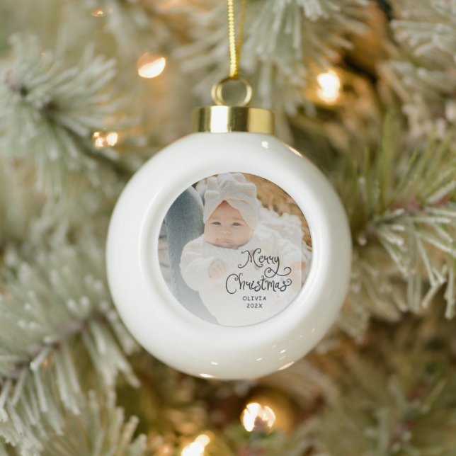 Merry Christmas Baby Photo Ceramic Ball Christmas Ornament (Tree)