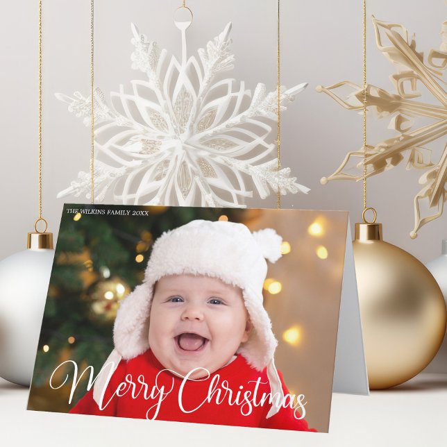 Merry Christmas Baby Photo Chic White Calligraphy Holiday Card (Creator Uploaded)
