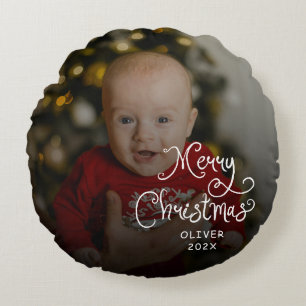 Merry Christmas Baby Photo Round Cushion