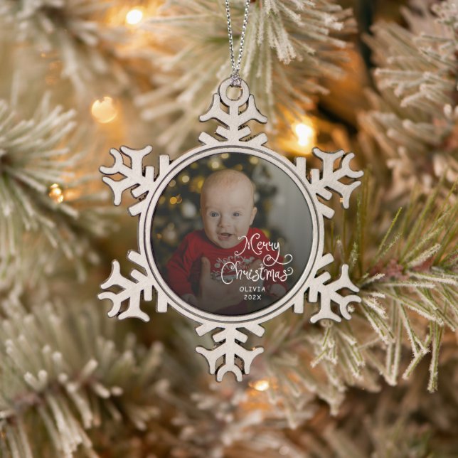 Merry Christmas Baby Photo Snowflake Pewter Christmas Ornament (Tree)