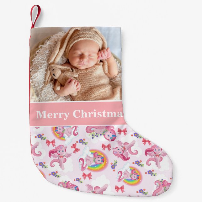Merry Christmas Baby Photo Unicorn Small Christmas Stocking (Front)