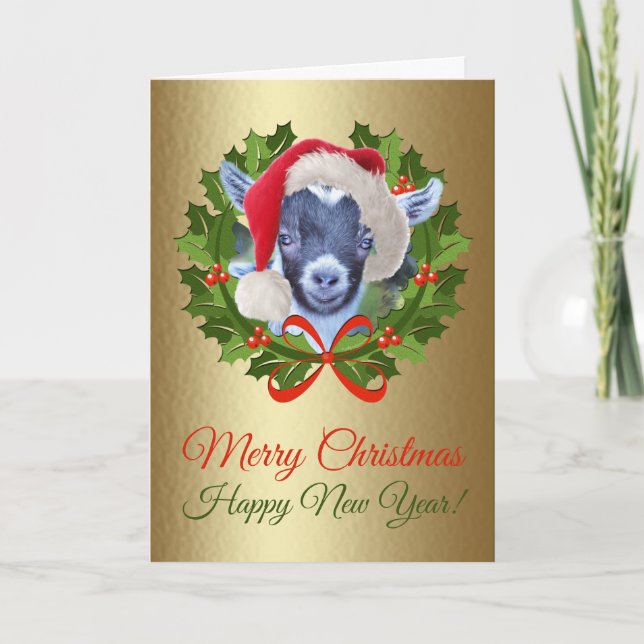 Merry Christmas Baby Pygmy Goat Kid Oil Painting Holiday Card (Front)
