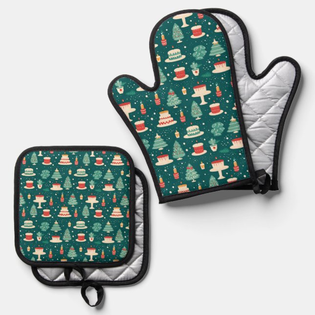Merry Christmas Baking Pattern Oven Mitt & Pot Holder Set (Front/Back)