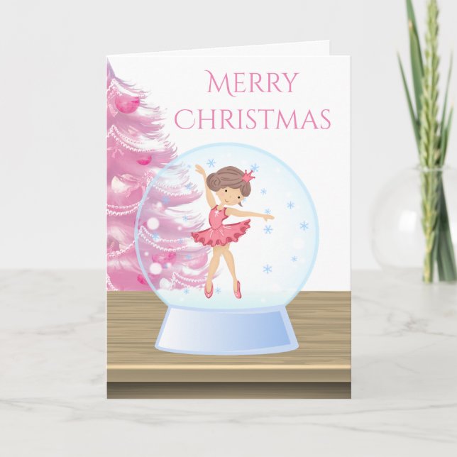 Merry Christmas Ballerina Snow Globe Pink, White  Holiday Card (Front)