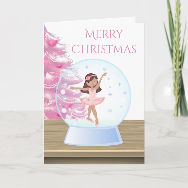 Merry Christmas Ballerina Snow Globe Pink, White Holiday Card (Front)