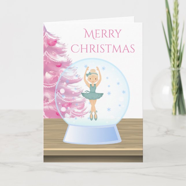 Merry Christmas Ballerina Snow Globe Pink, White Holiday Card (Front)