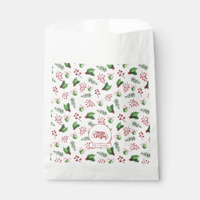 Merry Christmas Balls Holly Berries Pine Monogram Favour Bags (Front)