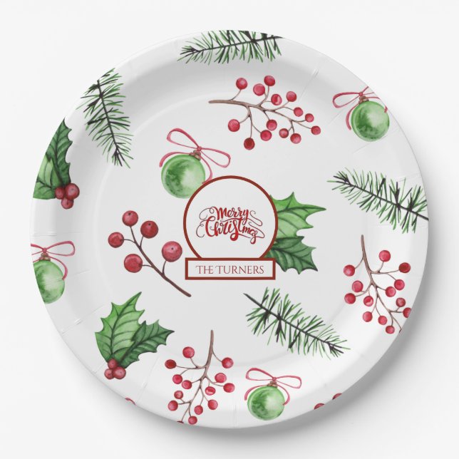 Merry Christmas Balls Holly Berries Pine Monogram Paper Plate (Front)