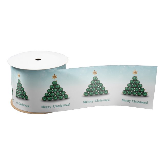 Merry Christmas Balls Tree Mint Pastel Design Satin Ribbon (Spool)