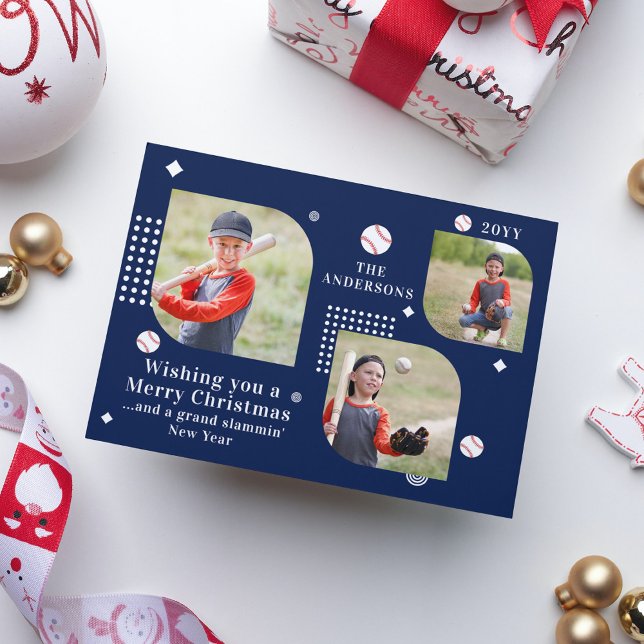 Merry Christmas Baseball Sport 3 Photo Family Name (Creator Uploaded)