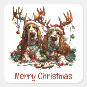 Merry Christmas Basset Hound Dogs Square Sticker
