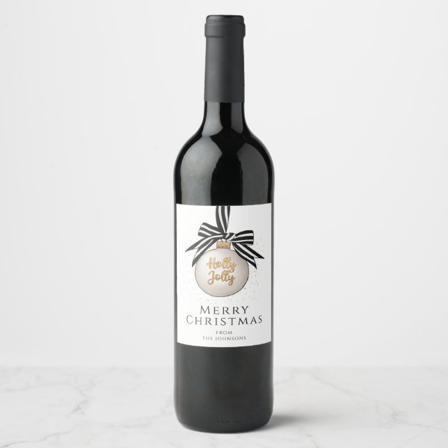 Merry Christmas Bauble Black White Wine Label (Front)