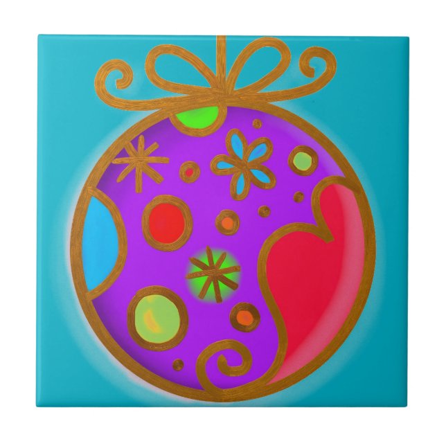 Merry Christmas Bauble Colourful Purple Red Tile (Front)