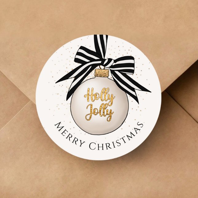 Merry Christmas Bauble White Black Classic Round Sticker (Merry Christmas Bauble White Black Classic Round Sticker)