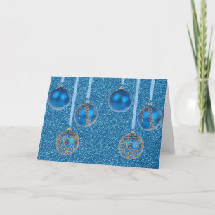 Merry Christmas Baubles Gold Blue Glitter Holiday Card