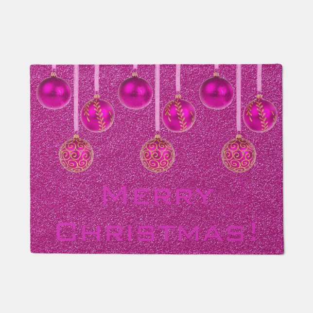 Merry Christmas Baubles Hot Pink Ornament Door Mat (Front)