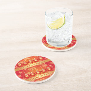 Merry Christmas Baubles Red Gold Ornaments Coaster