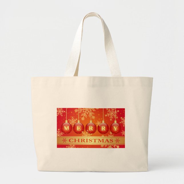 Merry Christmas Baubles Red Gold Ornaments Large Tote Bag (Front)