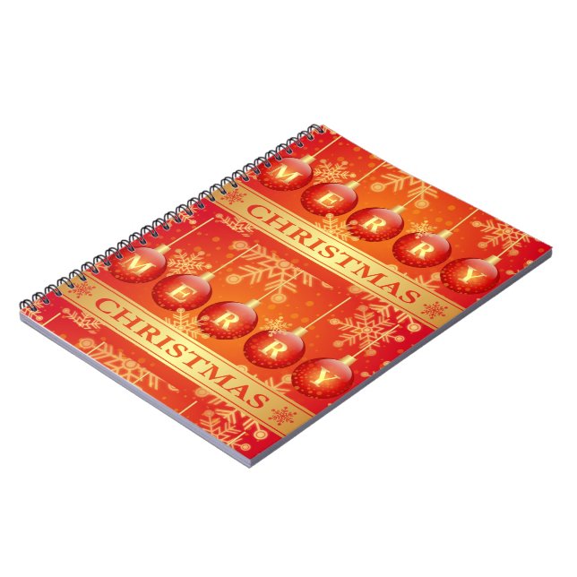 Merry Christmas Baubles Red Gold Ornaments Spiral Notebook (Left Side)