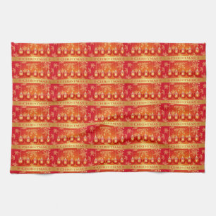 Merry Christmas Baubles Red Gold Ornaments Tea Towel