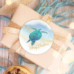 Merry Christmas Beach Coastal Sea Turtle Classic Round Sticker<br><div class="desc">Perfect for envelope seals, favours, and gifts, these coastal Christmas stickers feature a watercolor turquoise blue sea turtle on an abstract beach background with a faux gold glitter sparkly wave, and gold Merry Christmas. Check out the collection for more matching products, or contact me through Zazzle Chat if you need...</div>