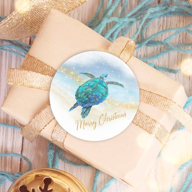 Merry Christmas Beach Coastal Sea Turtle Classic Round Sticker (Creator Uploaded)
