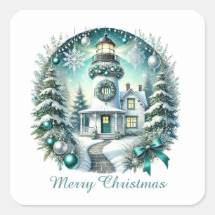 Merry Christmas beach customisable lighthouse Square Sticker
