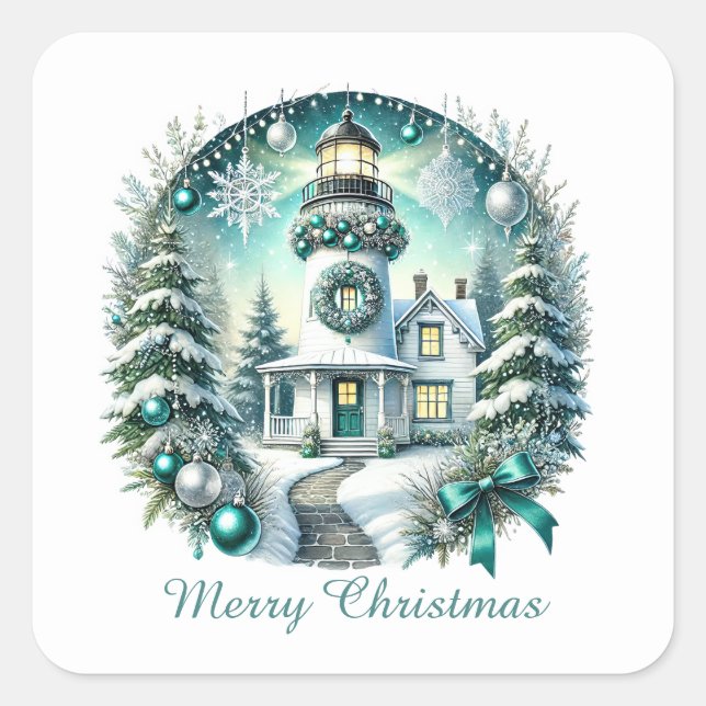 Merry Christmas beach customisable lighthouse Square Sticker (Front)
