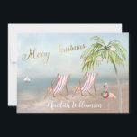 Merry Christmas Beach Flamingo Budget  Holiday Card<br><div class="desc">Merry Christmas on this lovely Watercolor Beach -- peaceful and gentle scene with two beach chairs -- friendly flamingo with lovely wreath -- Palm tree with a few ornaments. Also available in different paper weights -- your selection. Any design questions just send an email to charmdesignstudio@rcn.com and we'll be delighted...</div>