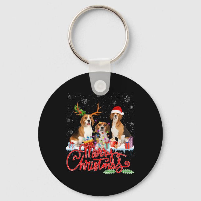 Merry Christmas Beagle Dog Santa Reindeer Light Xm Key Ring (Front)