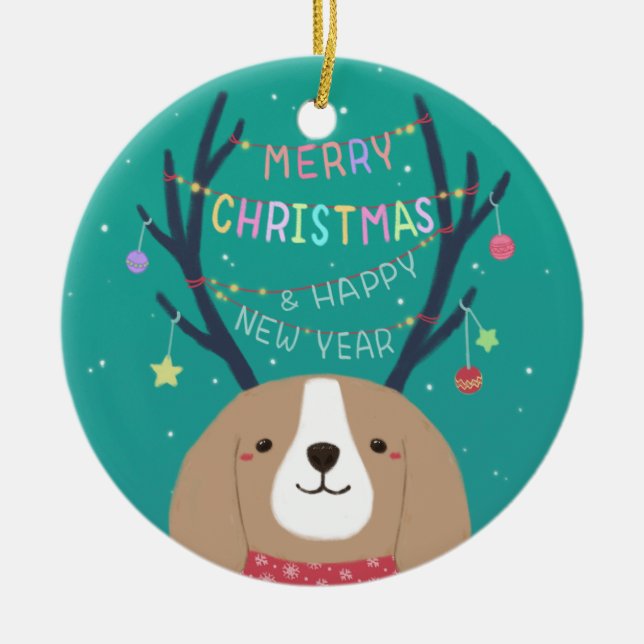 Merry Christmas: Beagle Illustration Art Ceramic Tree Decoration (Front)