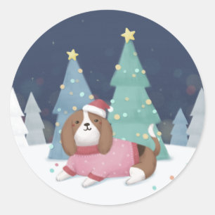 Merry Christmas: Beagle Illustration Art Classic Round Sticker