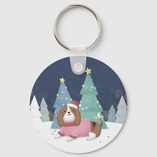 Merry Christmas: Beagle Illustration Art Key Ring (Front)