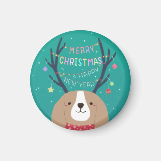 Merry Christmas: Beagle Illustration Art Magnet (Front)