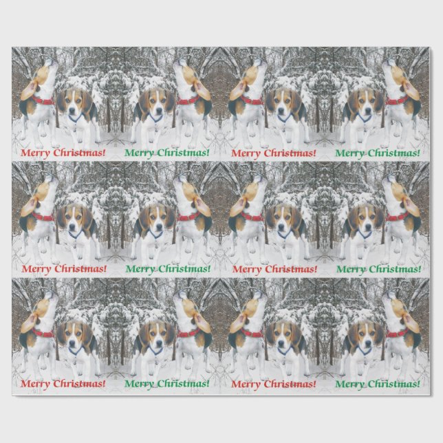 Merry Christmas Beagle Pups & Woods Wrapping Paper (Flat)